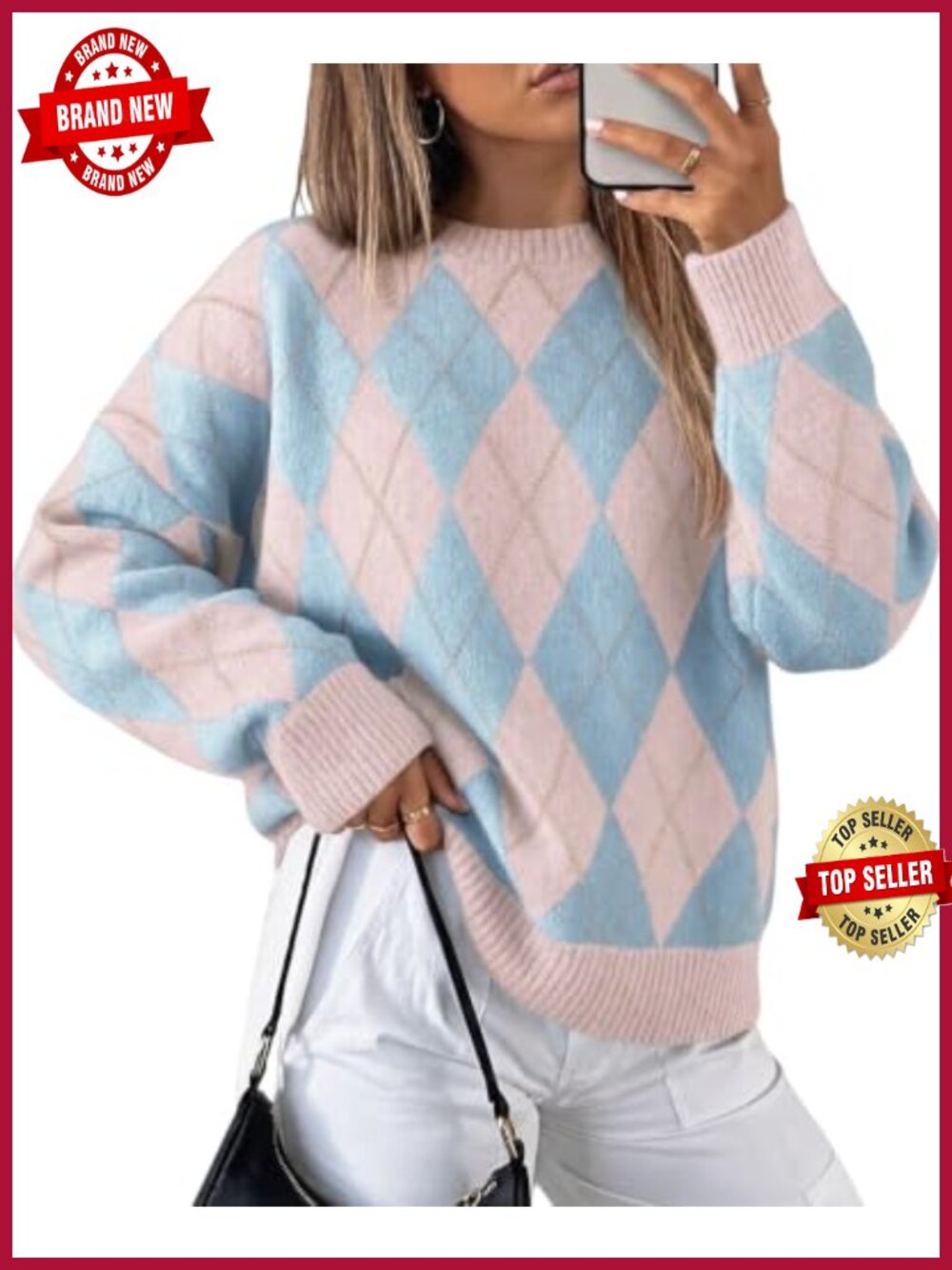Oversized Argyle Plaid Knit Pullover Sweater Long Sleeve Casual